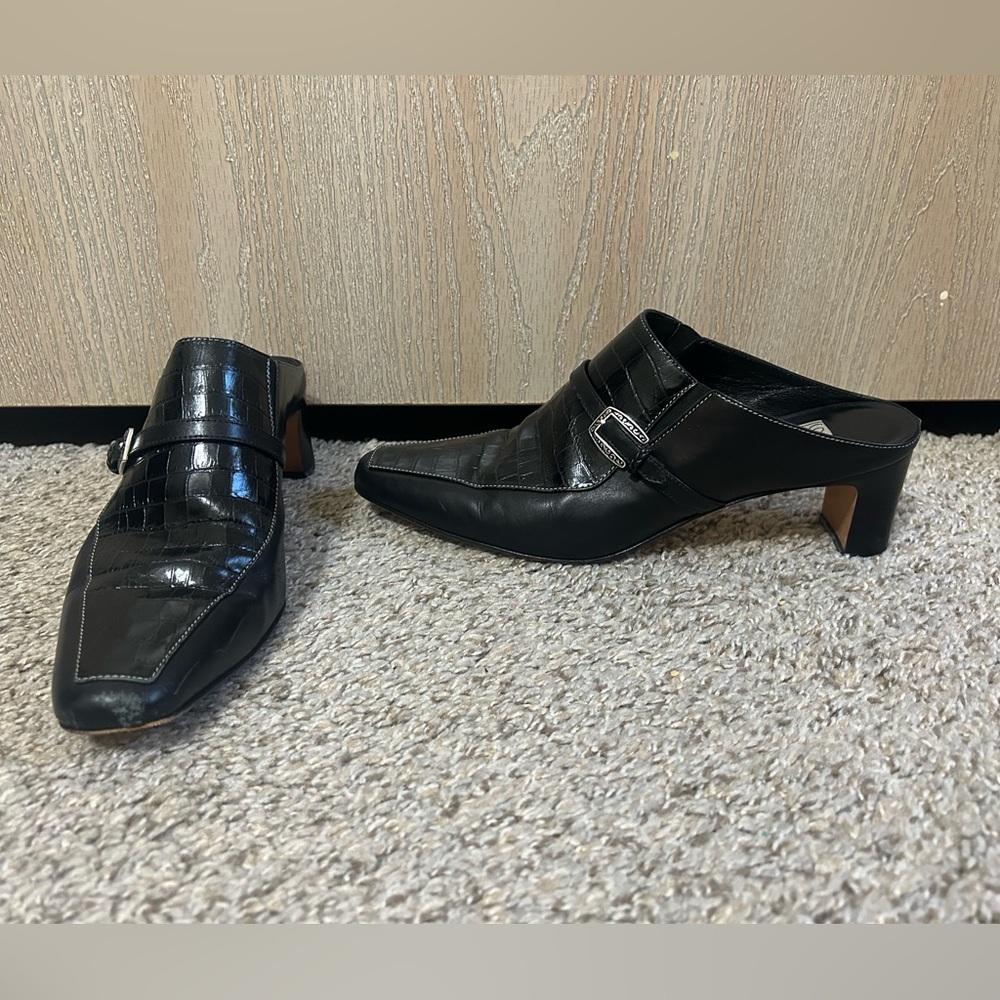 Brighton Tiana Black Y2K Vintage Croc-Embossed Mule Heel Sz 9 Buckle Square Toe